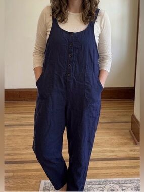 Navy Button-Front Cotton Jumpsuit Size Large